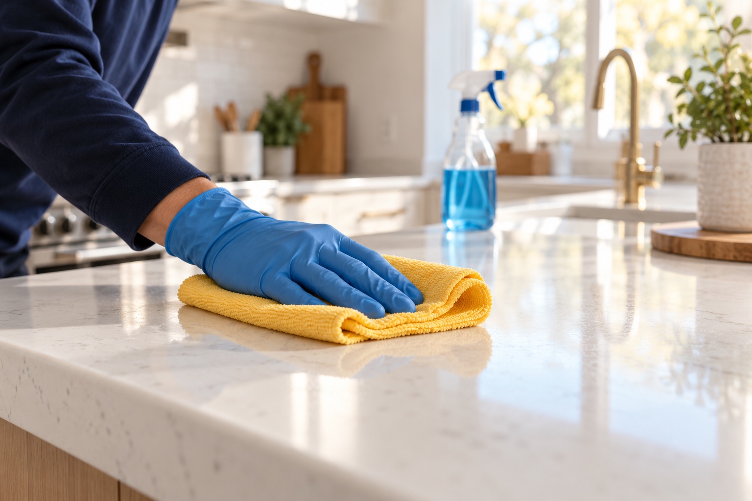 A gloved hand carefully wiping a surface with a gold cloth