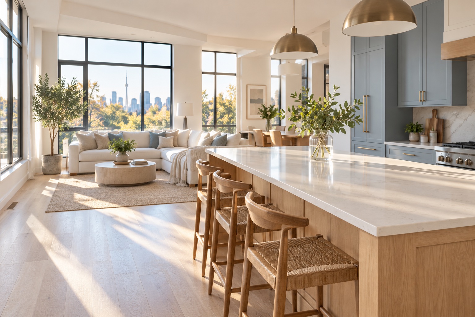 A bright, freshly arranged kitchen with warm wood and blue accents