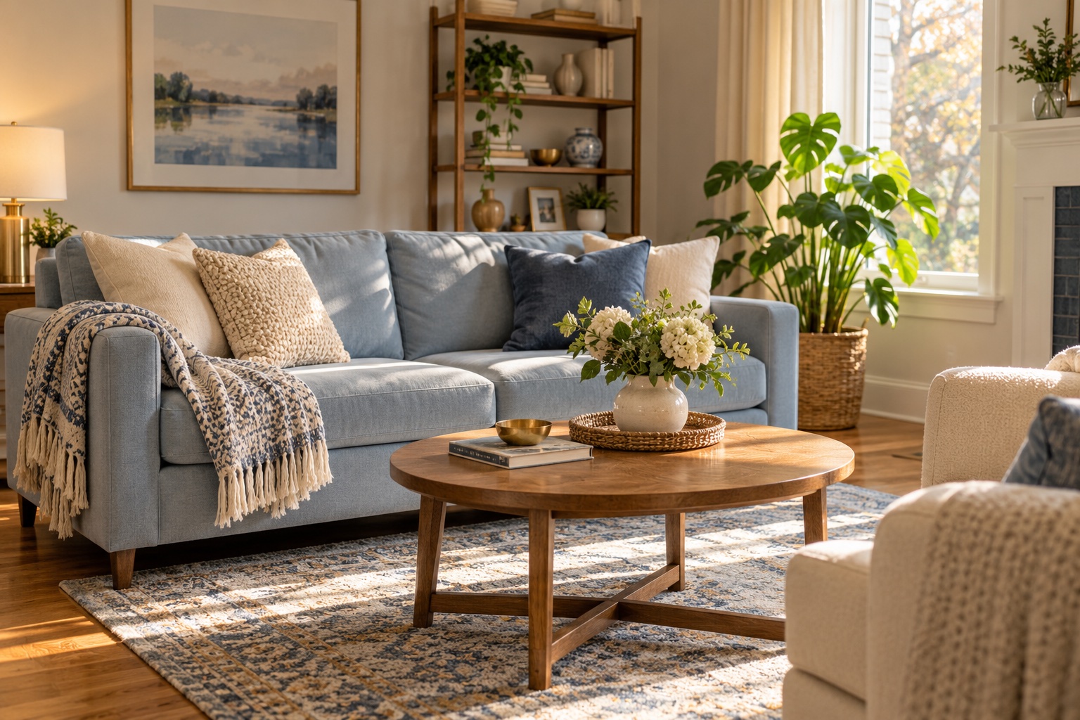 A comfortable blue sofa in a bright living room